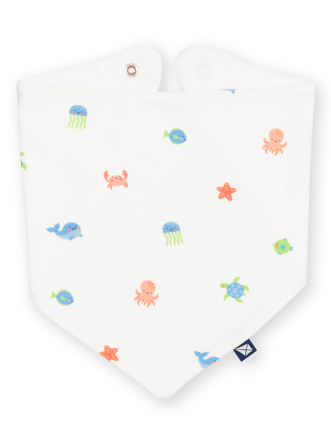 White baby bib with colourful sea creature patterns on a white background
A feeding time essential! Perfect for mopping up little spills and dribbles

Cream towelling on the reverse
Popper fastening