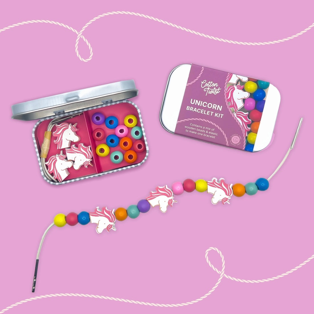 Tin featuring the materials you need to make a unicorn themed bracelet 