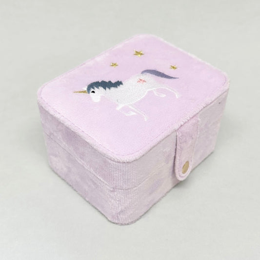 Plush purple jewellery box with an embroidered unicorn on the top