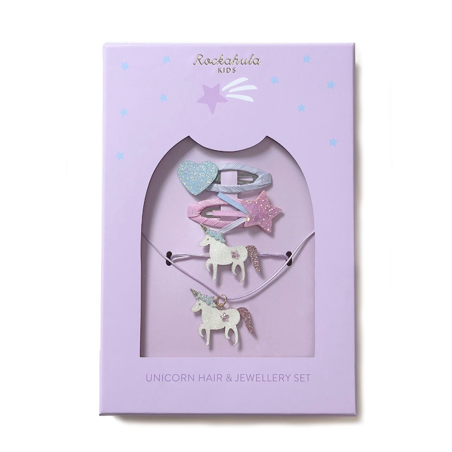Unicorn hair and jewellery set in a purple box with 'Rockahula Kids' branding.