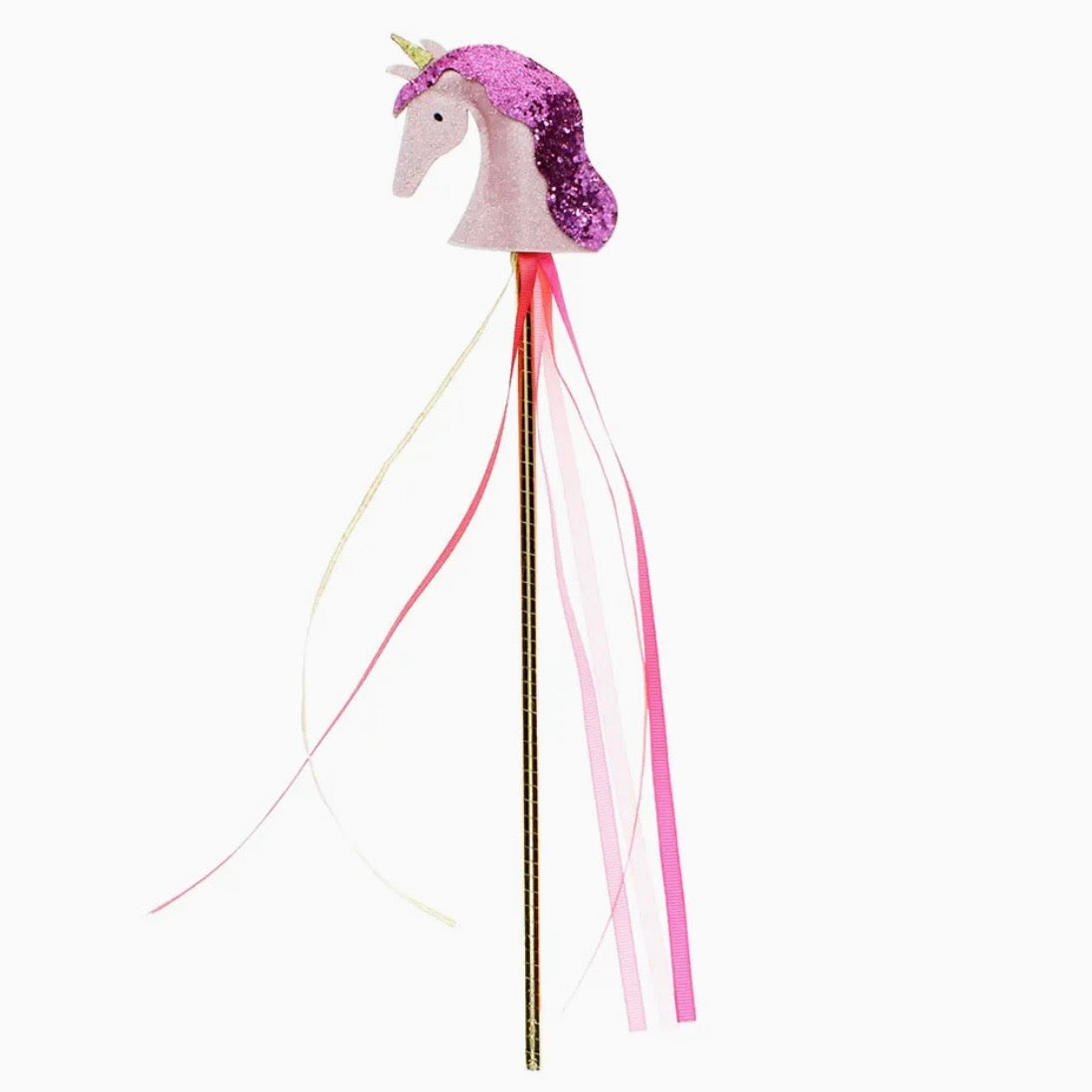 A unicorn head wand topper with a pink glitter mane, gold horn, and long hanging ribbons in pink, white, and gold on a plain white background.


stocking filler, fairy wand wholesale, magic wand toy, fancy dress accessories, role play toys, unicorn themed toys, dress up toys, party bag fillers, magical gifts, imaginative play, ribbon streamer wand