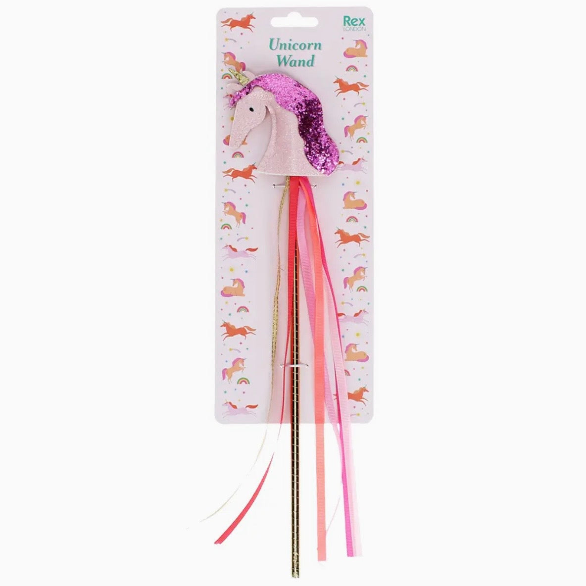 A Rex brand unicorn wand toy in its original retail packaging. The wand features a plush pink unicorn head with a glittery purple mane, a gold-colored metal rod, and hanging ribbons in pink, red, and white.


stocking filler, fairy wand wholesale, magic wand toy, fancy dress accessories, role play toys, unicorn themed toys, dress up toys, party bag fillers, magical gifts, imaginative play, ribbon streamer wand
