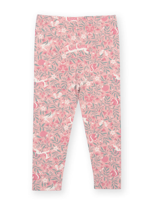 Pink patterned leggings with a floral and whimsical print featuring pomegranates, leaves, and small white animal silhouettes, shown flat against a white background.

Leggings
Children's clothing
Pink
Woodland 
Deer
Girls clothing
Organic cotton 
Kite clothing