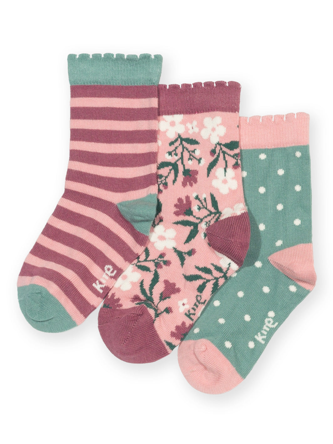 Three pairs of children's socks from the brand Klee, displayed together on a white background. The designs include pink and mauve stripes, a pink floral pattern, and a mint green polka dot pattern.