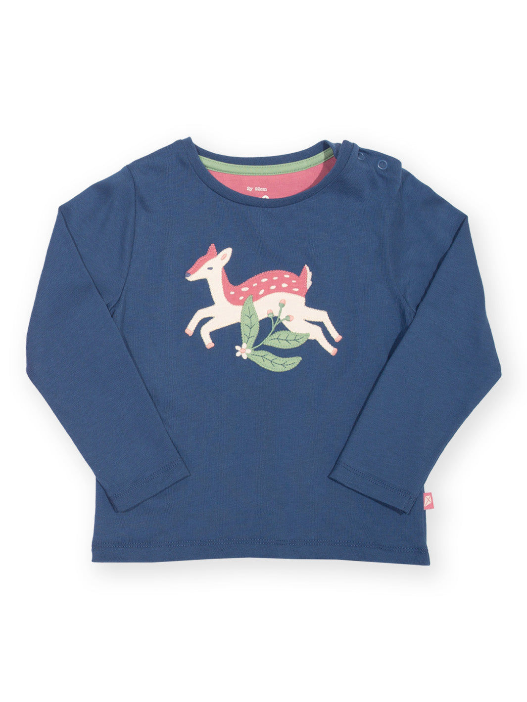 A navy blue long-sleeve children's t-shirt featuring an appliqué of a pink and white deer with green leaves on the front, displayed on a clean white background.

T-Shirt 
Children's clothing
Organic cotton 
Navy
Deer
Kite clothing