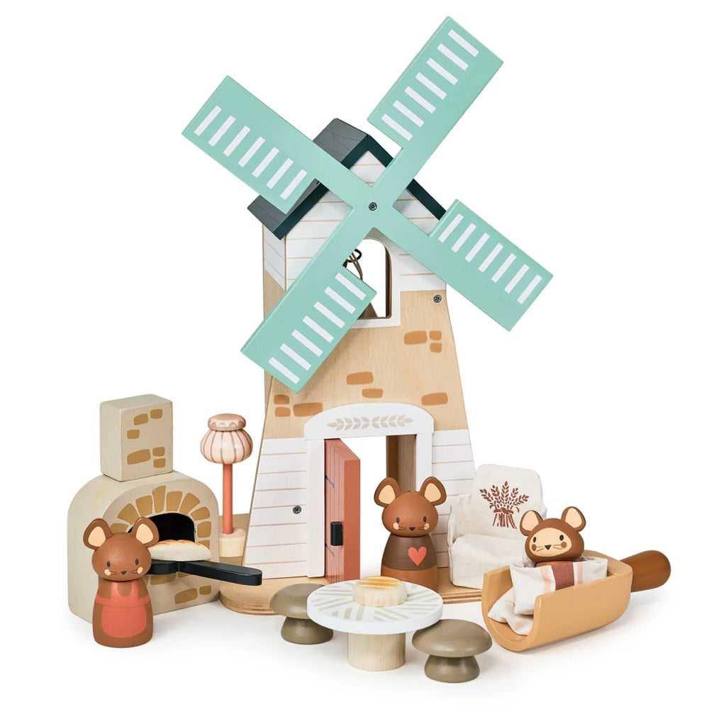 A lovely Wooden Windmill with three mice figures and a working windmill