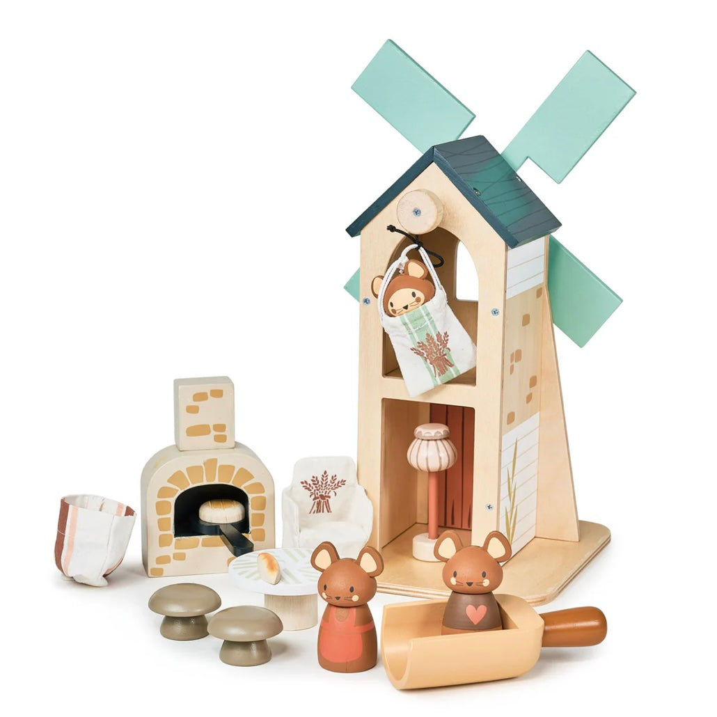 Wooden Windmill pulling up a sack of wheat. 
Play set for children which encourages imaginative play 