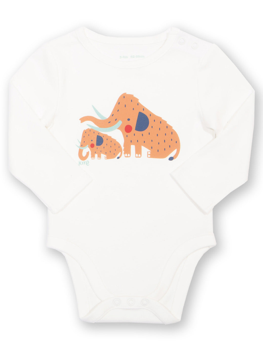 White baby onesie with a colorful mammoth design on a white background