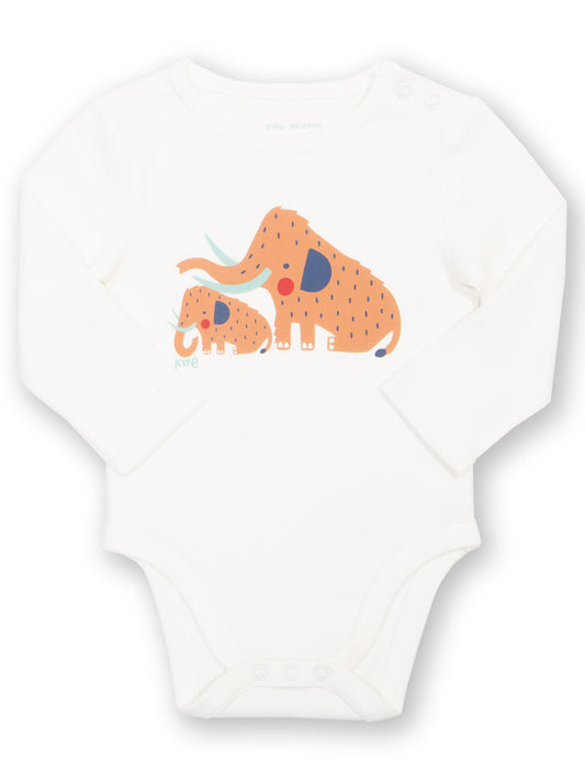 White baby onesie with a colorful mammoth design on a white background