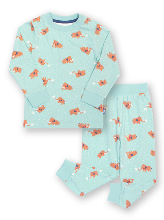 Children's pajama set with mammoth pattern on a light blue background