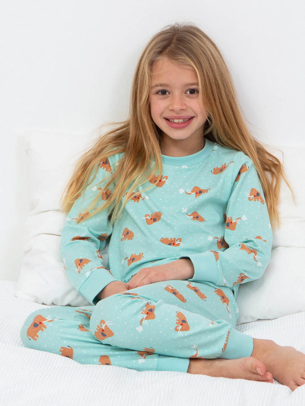 Model wearing our woolly mammoth pyjamas. Made from organic coots, two piece set