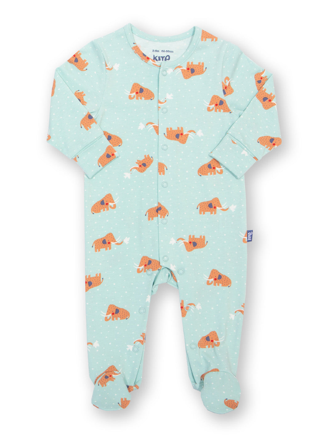 Light blue baby onesie with brown mammoth pattern on a white background