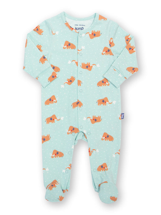 Light blue baby onesie with brown mammoth pattern on a white background