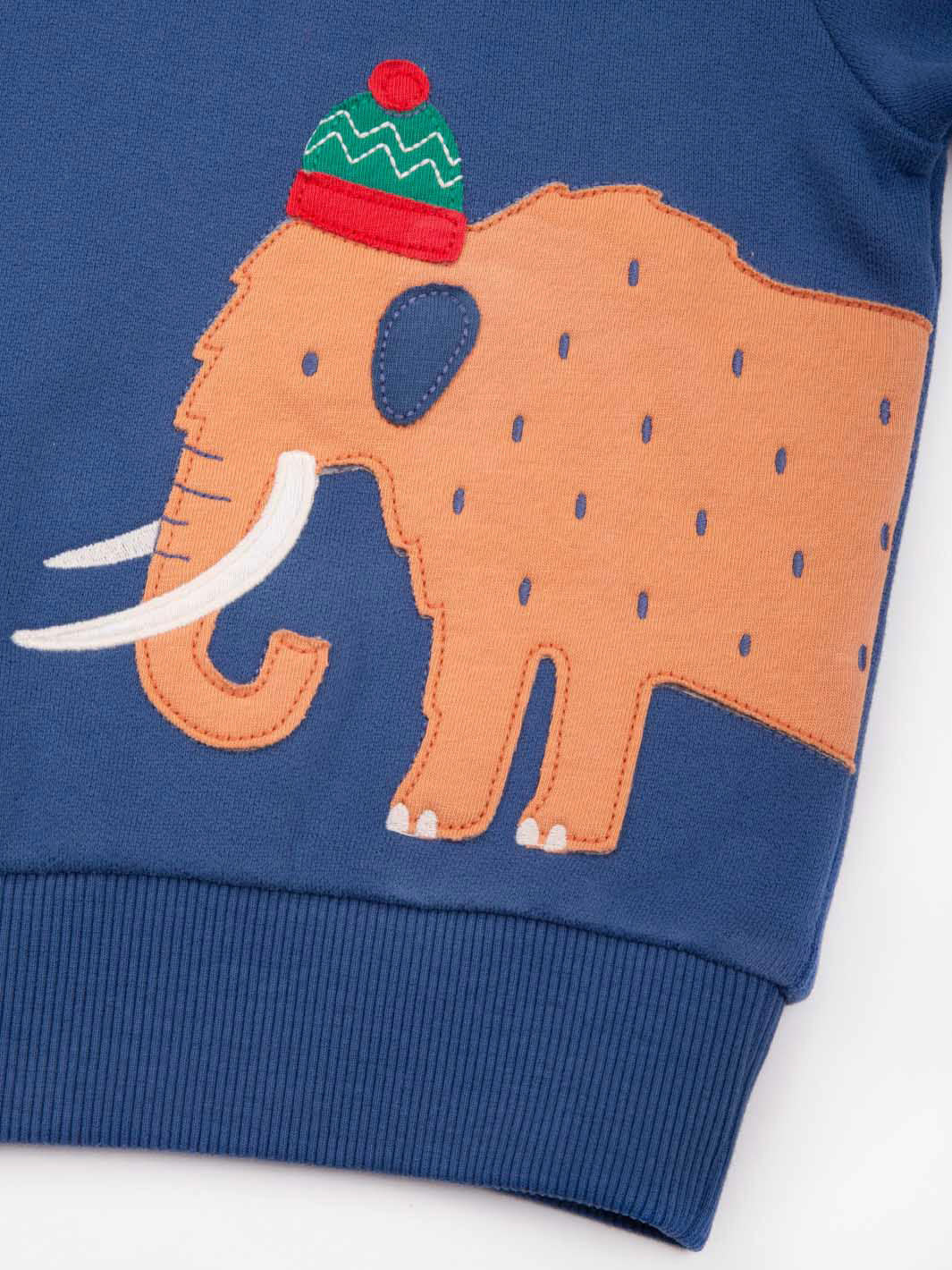 Sweatshirt close up with an mammoth design wearing a hat on a blue background