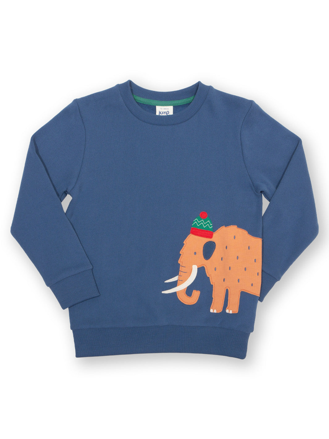 Blue sweatshirt with an mammoth design wearing a red hat on a white background