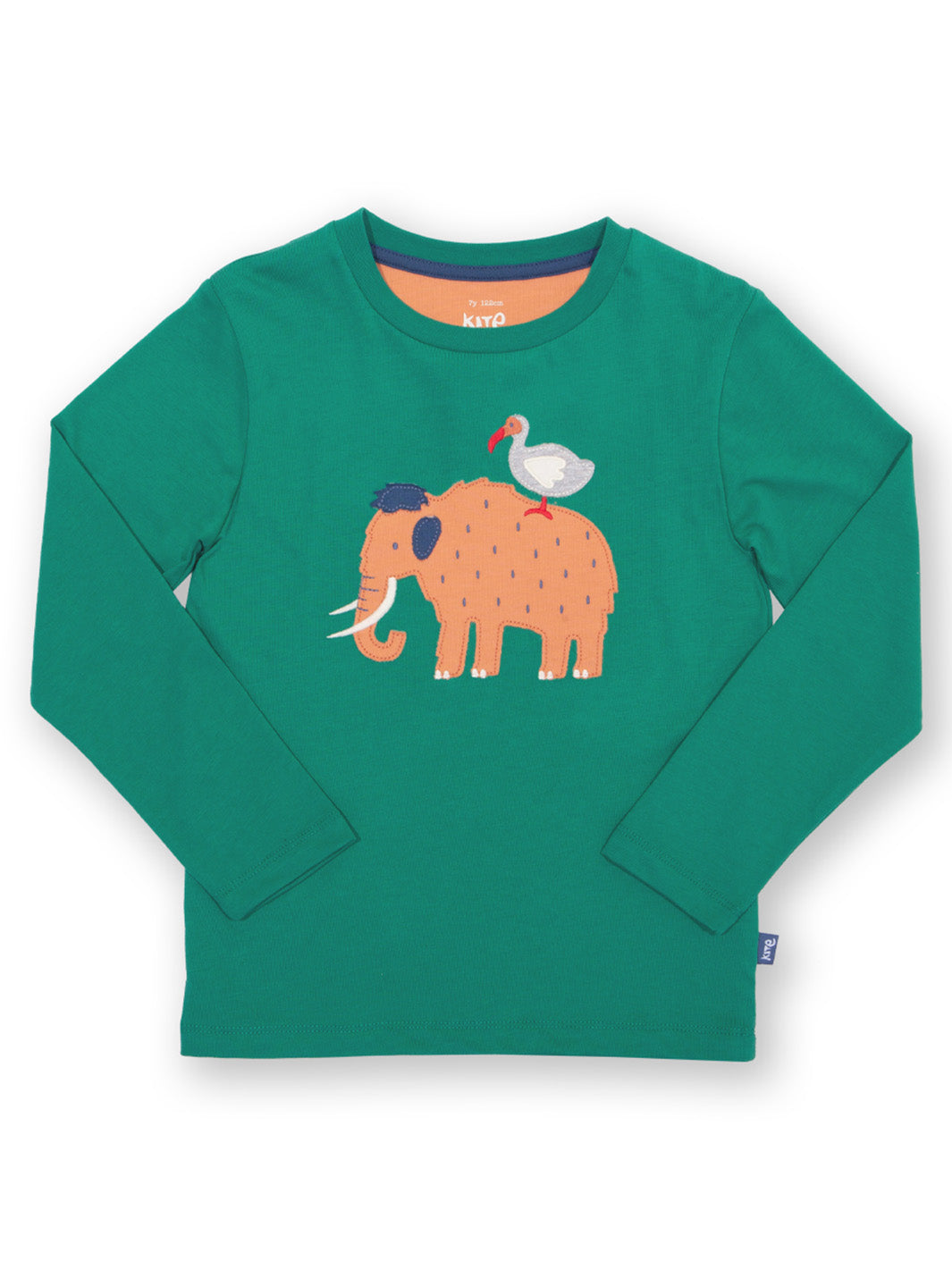 Children's emerald green t-shirt with a Woolly Mammoth appliqué on the front 
Made from organic cotton 
