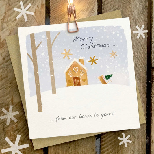 A square Christmas greeting card with a winter illustration of a small gingerbread house, bare trees, snow, and the text 'Merry Christmas .

Ginger Betty Cards
Christmas Cards
Christmas
Gingerbread House
Mouse
Printed in the UK